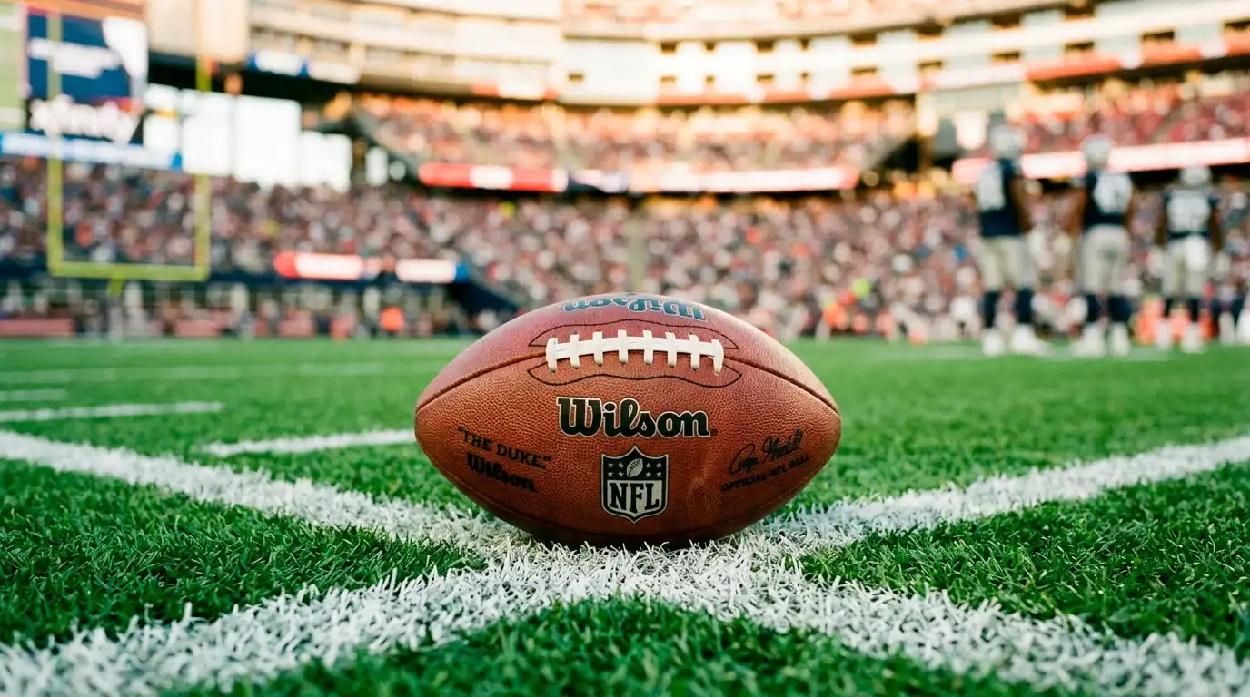 American football on a green gridiron field with yard line markings, representing NFL bet types for UK punters
